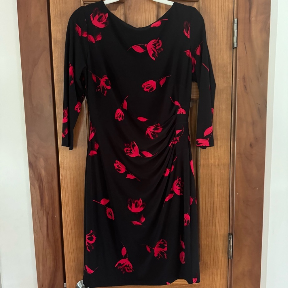 Lauren Ralph Lauren Dress Women’s 10 Black Roses Floral Jersey Sheath Ruched